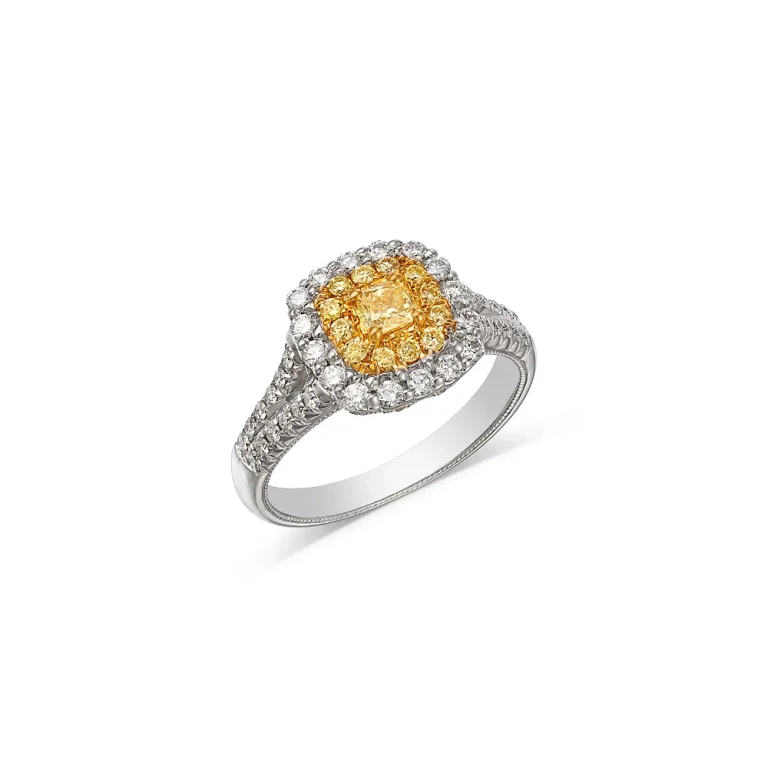 Yellow & White Diamond Cushion Halo Ring in 18K Yellow & White Gold, 0.9 tcw