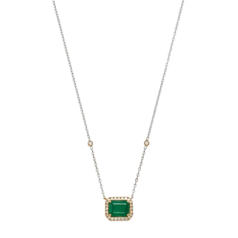 Emerald & Diamond Halo Pendant Necklace in 14K White & Yellow Gold