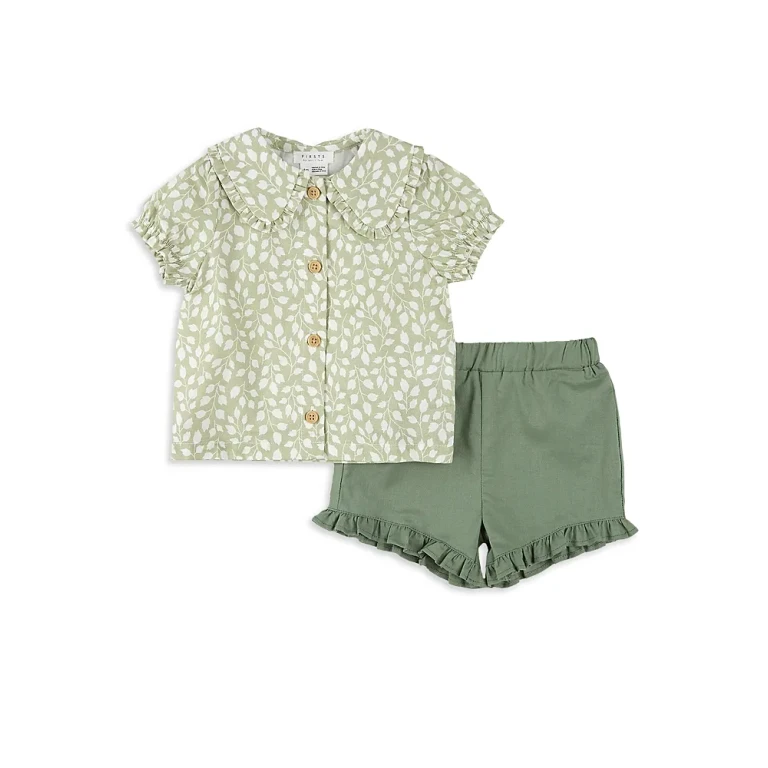 Firsts by petit lem Girls' Foliage Poplin Shirt & Ruffled Shorts Set - Baby