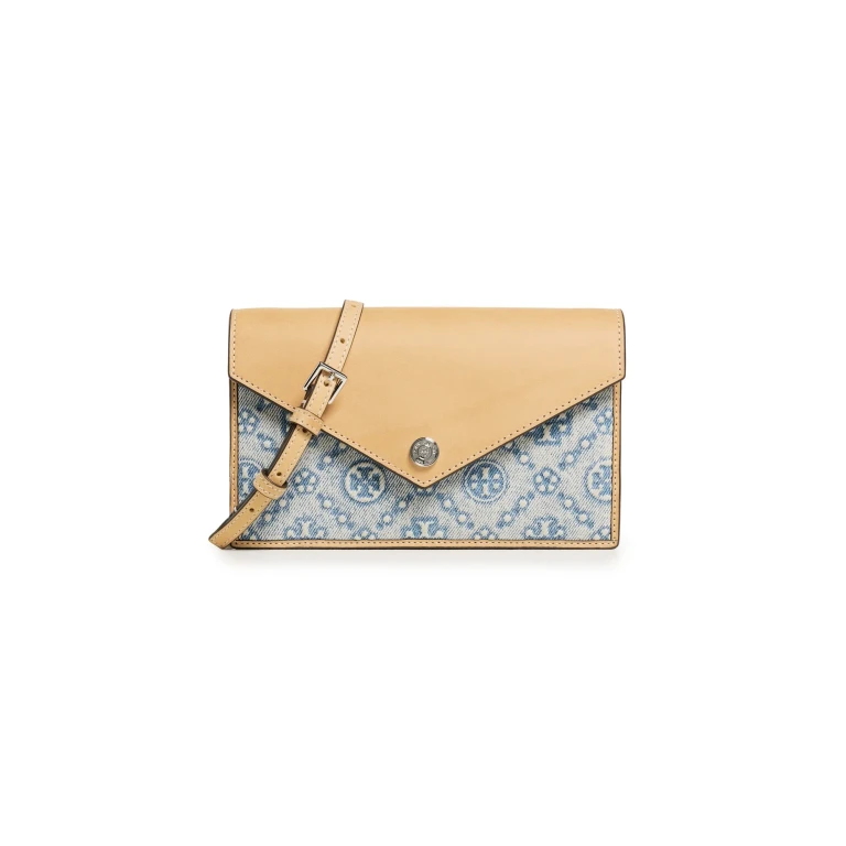 Tory Burch T Monogram Denim Envelope Chain Wallet Powder Blue One Size