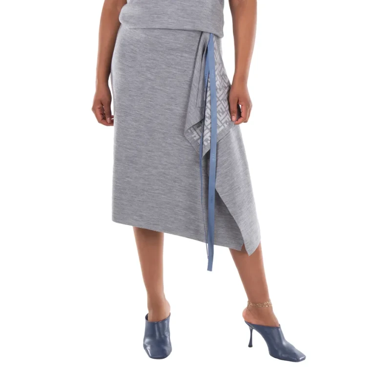 Fendi Logo Pattern Midi Drape Wool Skirt