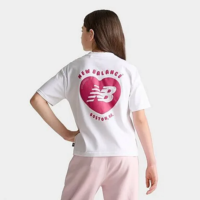 New Balance Girls' Big Kids Heart Bubble T-Shirt in Bright White Size: Small