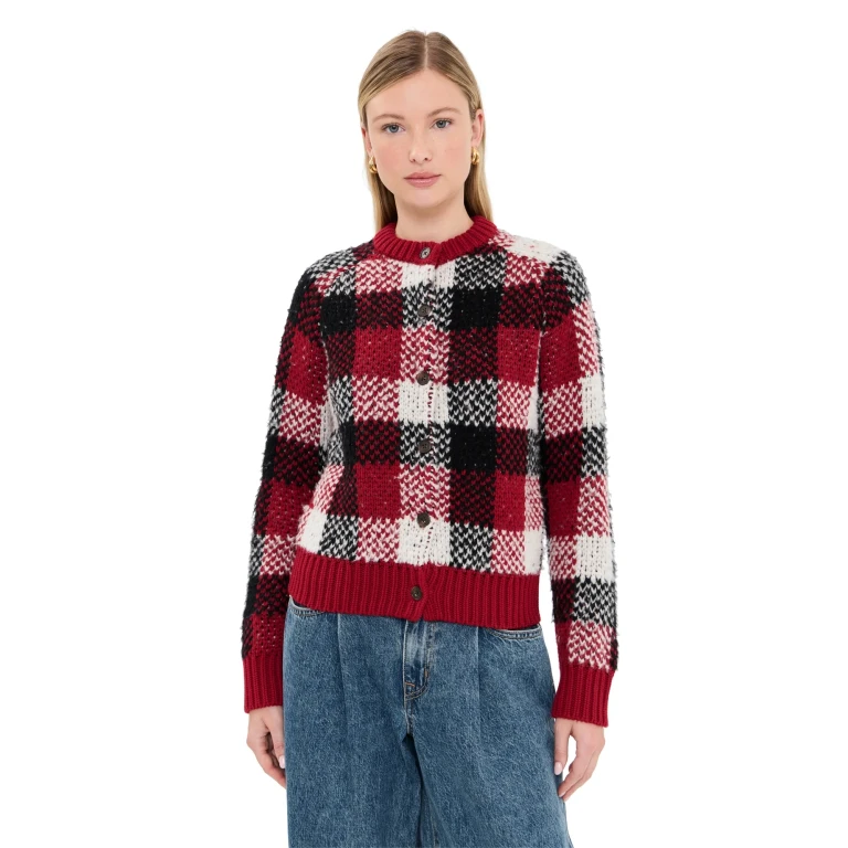 Guest in Residence Buffalo Plaid Cardigan Ruby Combo M
