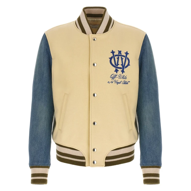 Off-White gothic Wool Denim Varsity Bomber Jacket