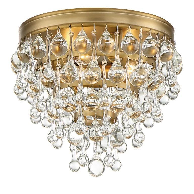 Calypso 3-Light 10" Ceiling Light in Vibrant Gold with Clear Glass Drops Crystals