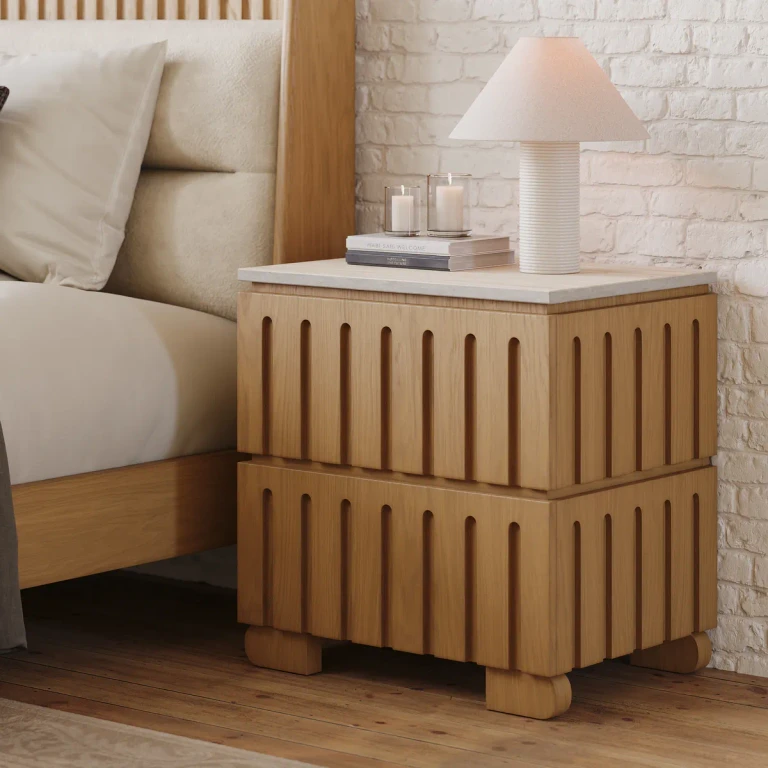 Ash Wood 2-Drawer Nightstand with Faux Travertine Top