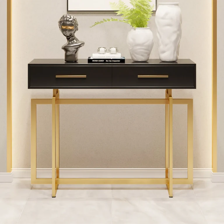 40" Narrow Console Table with Storage Drawers White Entryway Table with Metal Legs