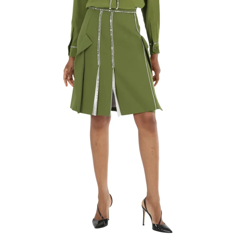 Burberry Ladies Cedar Green Crystal Detail Panelled Wool-Crepe A-Line Skirt