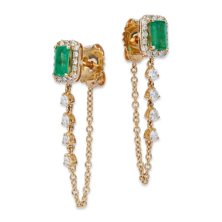 Emerald & Diamond Halo Chain Drop Earrings in 14K Yellow Gold