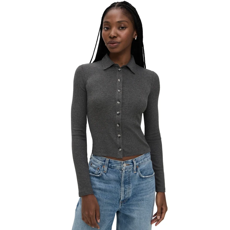 perfectwhitetee Luxe Rib Long Sleeve Button Polo Charcoal M