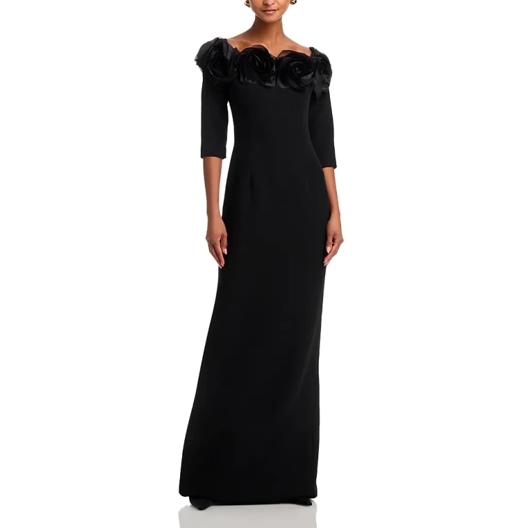 Teri Jon by Rickie Freeman Crepe 3D Flower Off the Shoulder Three Quarter Length Sleeved Gown