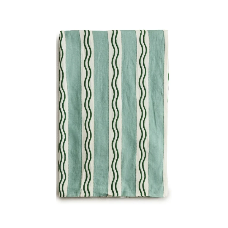 Misette Stripe Embroidered Linen Tablecloth Green One Size