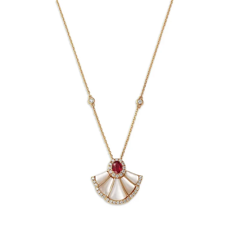 Ruby, Mother of Pearl & Diamond Pendant Necklace in 14K Yellow Gold, 18