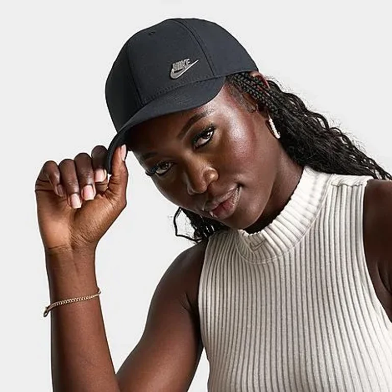 Nike Dri-FIT Club Structured Metal Logo Strapback Hat in Black/Metallic Gold Size: S-M