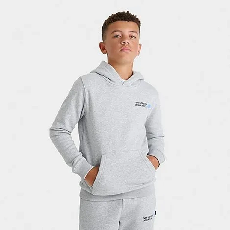 New Balance Big Kids Athletics Flying NB Fleece Pullover Hoodie in Grey Heather Size: Small