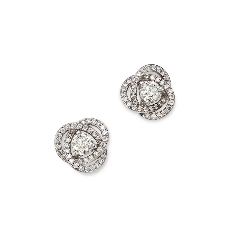 Diamond Love Knot Stud Earrings in 18K White Gold, 1.30 tcw