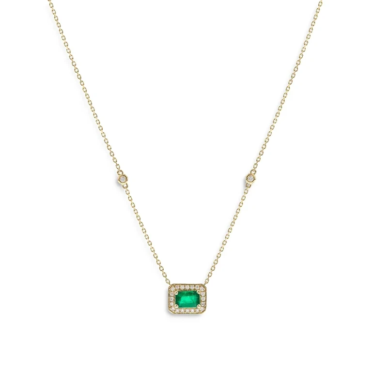 Emerald & Diamond Halo Pendant Necklace in 14K Yellow Gold, 18