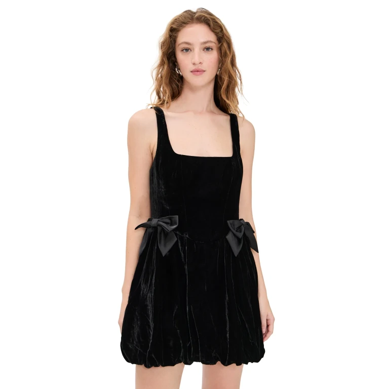 WAYF Brielle Velvet Bubble Mini Dress Black S