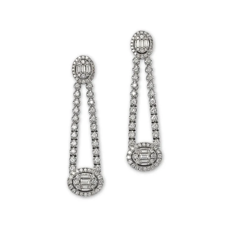 Diamond Round & Baguette Halo Mosaic Drop Earrings in 14k White Gold, 2.25 tcw