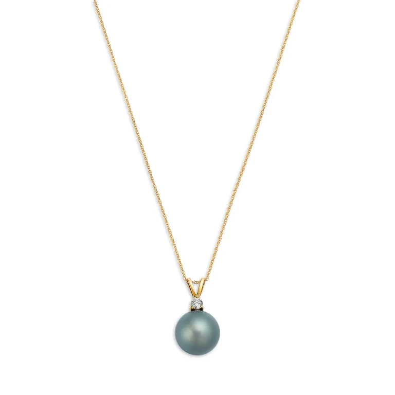 Diamond & Cultured Tahitian Black Pearl Pendant Necklace in 14K Yellow Gold, 0.12 tcw