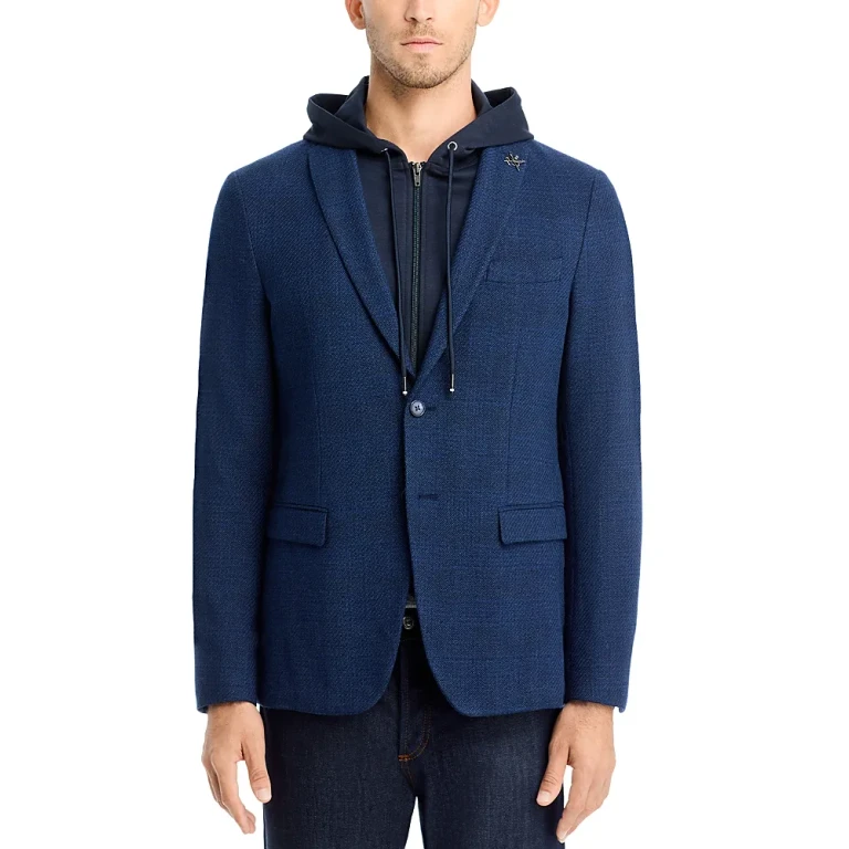 John Varvatos Star Usa Tonal Plaid Jersey Sport Coat with Removable Hood