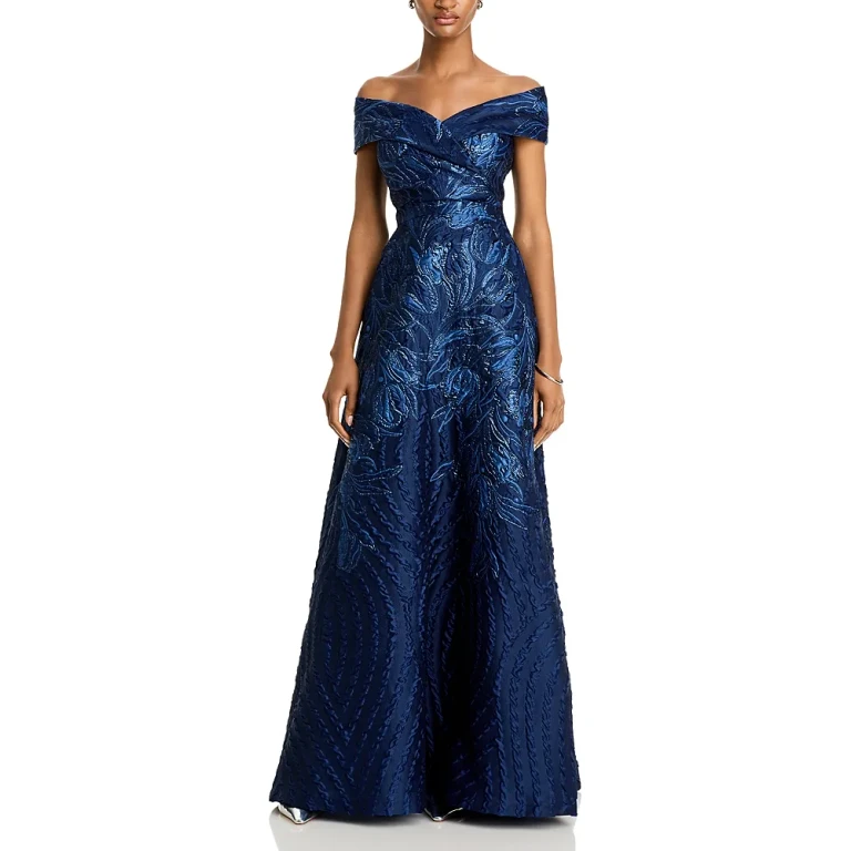 Teri Jon by Rickie Freeman Off-the-Shoulder Metallic Jacquard Gown