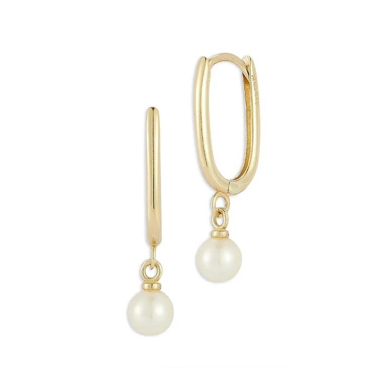 Freshwater Pearl Charm Oval Hoop Earrings in 14K Yellow Gold
