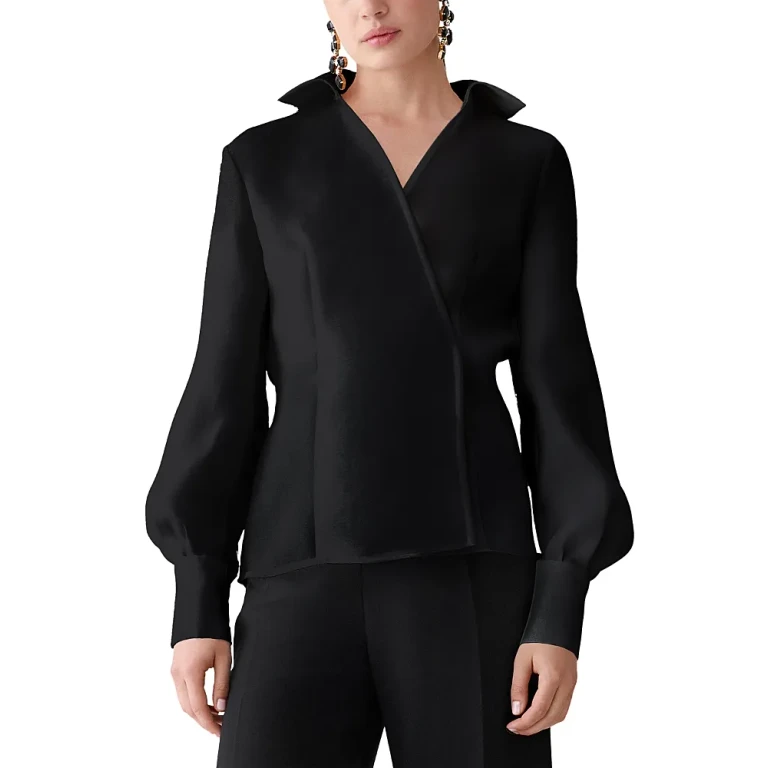 Carolina Herrera Silk Puff Sleeve Collared Wrap Top
