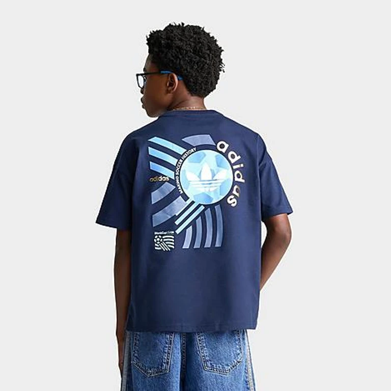 adidas Big Kids Originals FIFA World Cup Archive Poster Graphic T-Shirt in Night Indigo Size: XS