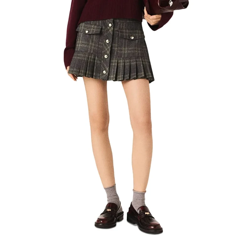 Maje Short Pleated Checked Skirt