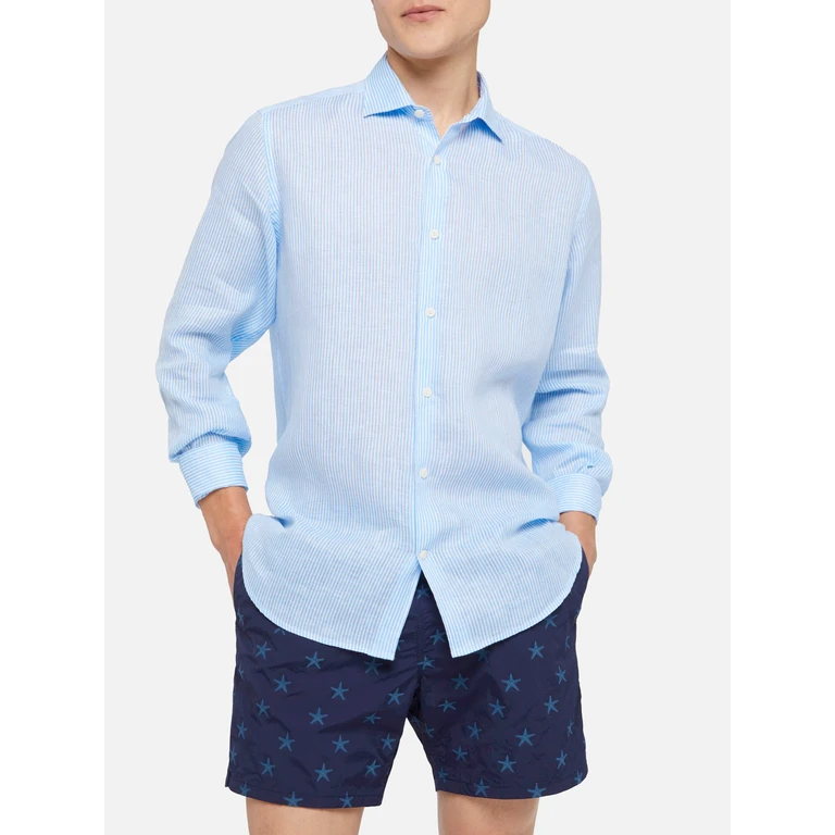 Mc2 Saint Barth Light Blue Striped Linen Shirt Pamplona - Men
