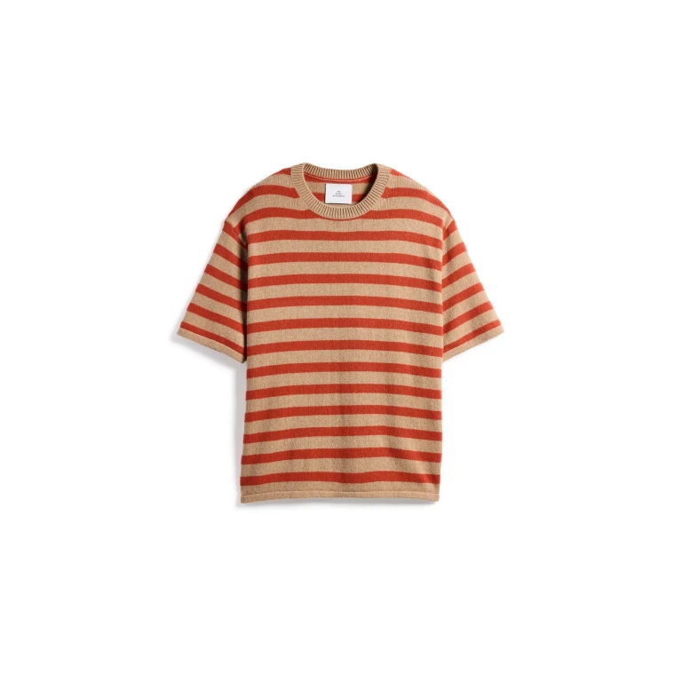 The Elder Statesman Unisex Scout Stripe Cashmere Knit Tee Sand/Tigerlily M