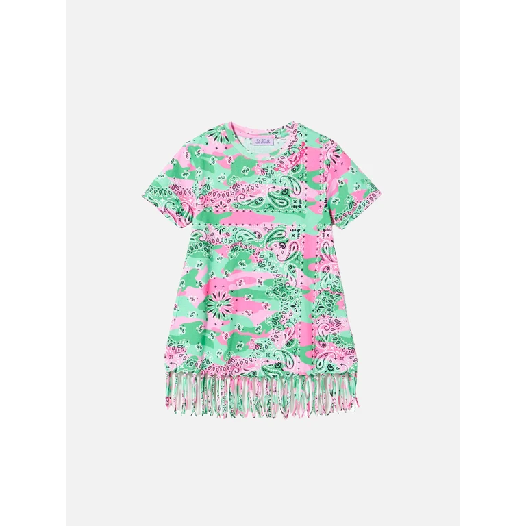 Mc2 Saint Barth Girl Mimetic Cotton Dress With Fringes Green