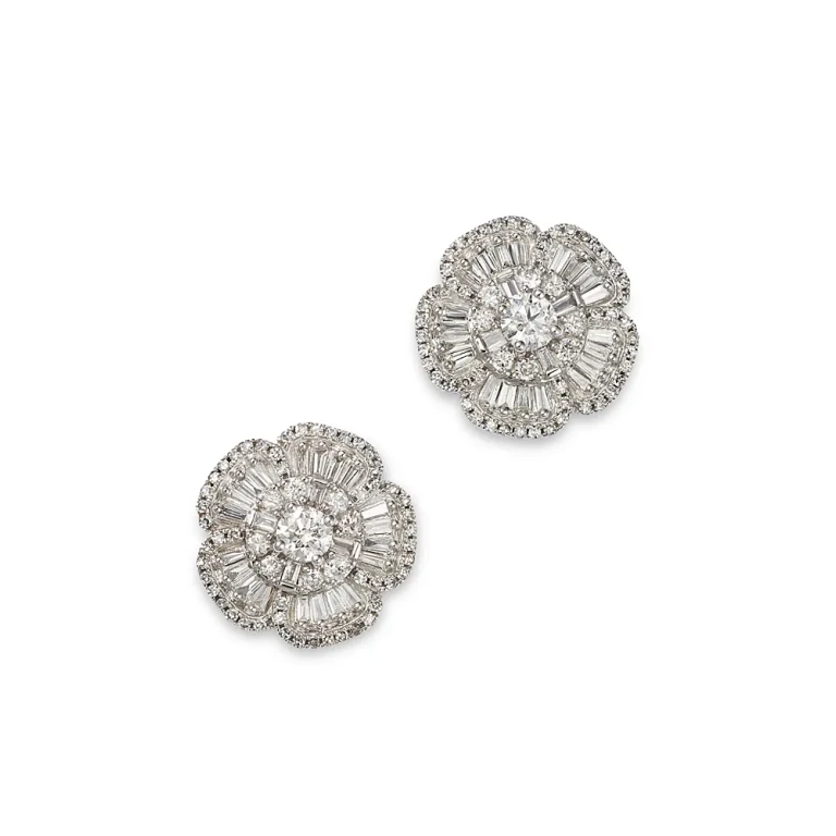Diamond Round & Baguette Flower Stud Earrings in 14K White Gold, 1.0 tcw