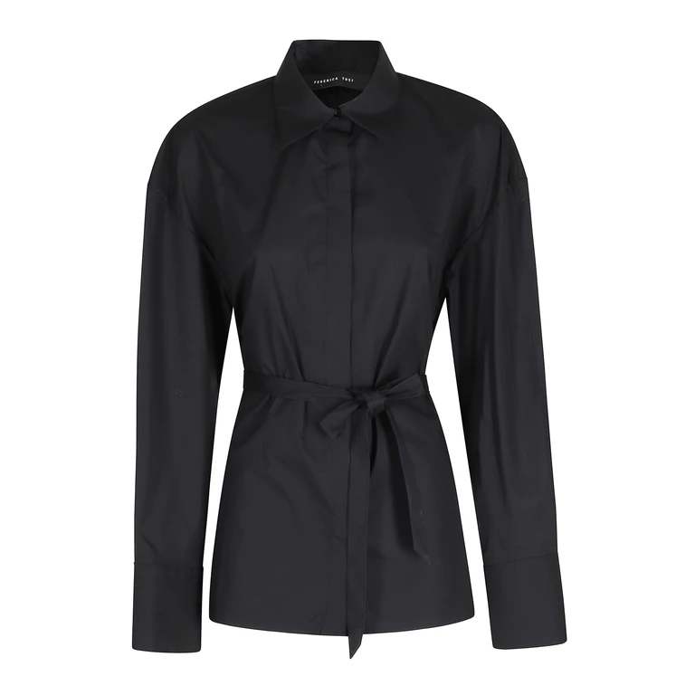 Federica Tosi Camicia Cropped In Popeline Con Cintura Black Cotton Elastan - Women