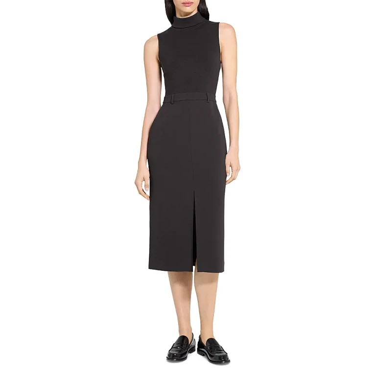 Theory Funnel Neck Mixed Media Midi Dress