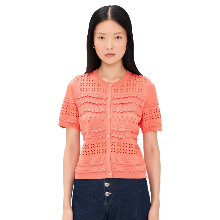 Ulla Johnson Abriana Eyelet Knit Cardigan Coral Peony XL
