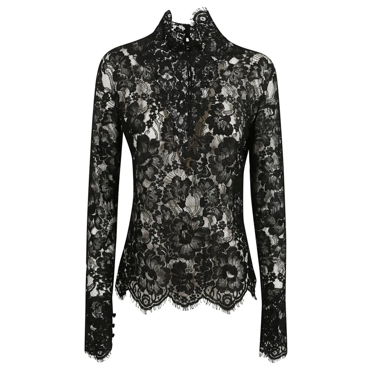 Saint Laurent Turtleneck Sheer Lace Long-sleeve Top