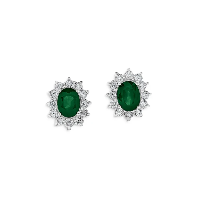 Emerald & Diamond Halo Starburst Stud Earrings in 14K White Gold