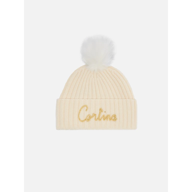 Mc2 Saint Barth Wengen Beanie Cashmere Blend White With Lurex Cortina Embroidery And Pom-Pom Hat - Unisex