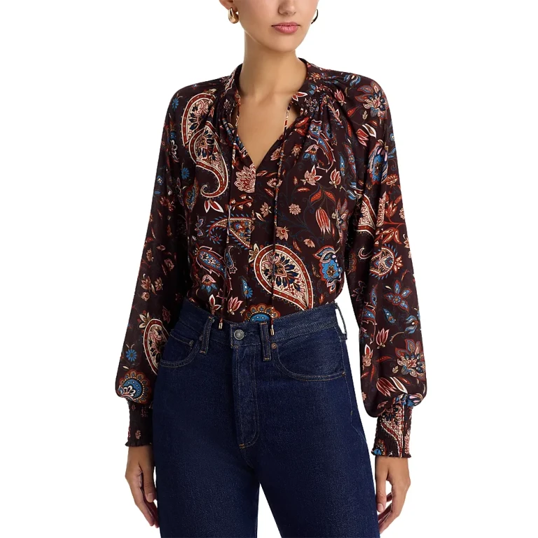 T Tahari Split Neck Paisley Print Blouse