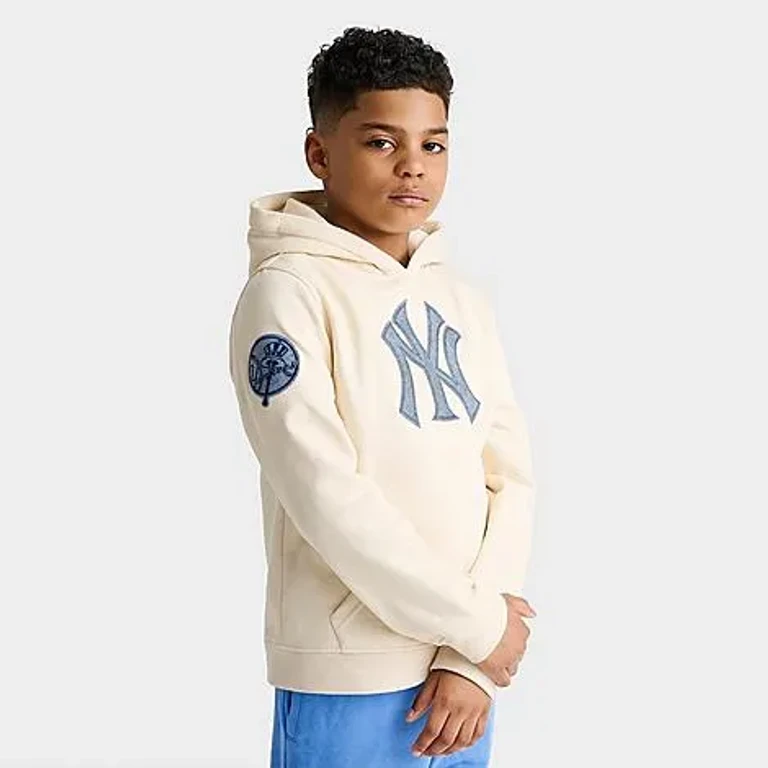 Pro Standard Big Kids New York Yankees MLB Denim Patch Pullover Hoodie in Off White/Denim Size: Small
