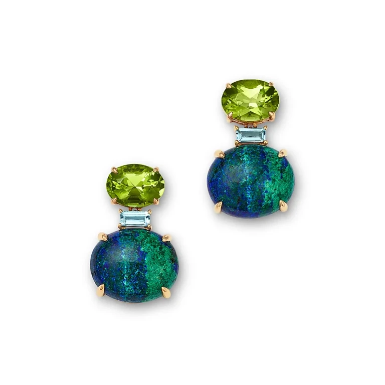 Blue Topaz, Peridot & Azurite East West Oval Drop Earrings in 14K Yellow Gold
