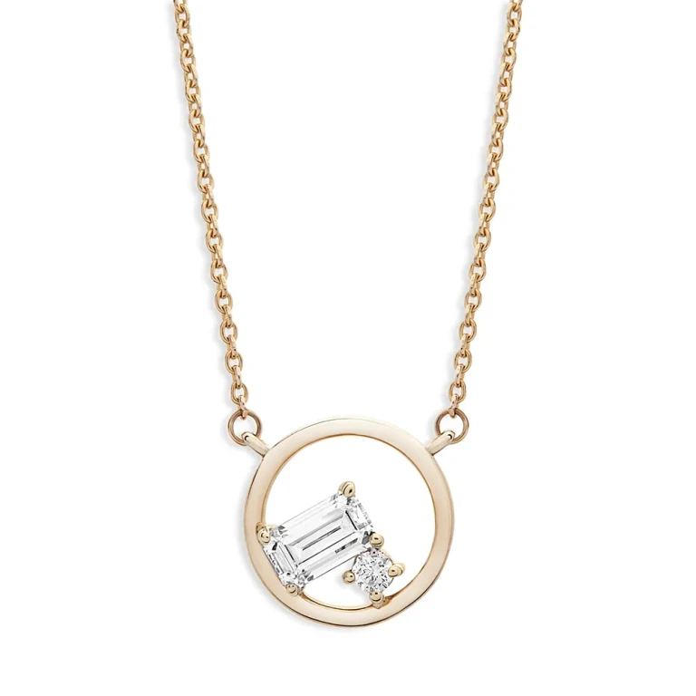 Emerald Cut and Round Diamond Necklace in 14K Yellow Gold, 0.20 tcw