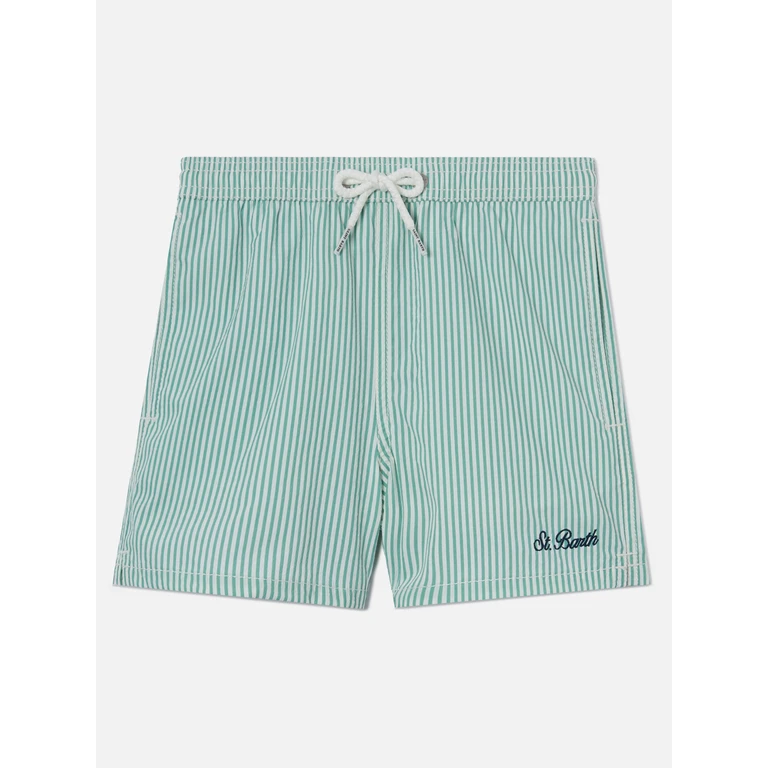 Mc2 Saint Barth Patmos Jr Seersucker Swim Shorts Striped With St. Barth Embroidery White Swimshort