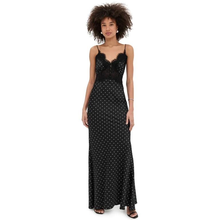 Self Portrait Polka Dot Satin Lace Maxi Dress Black and White 0