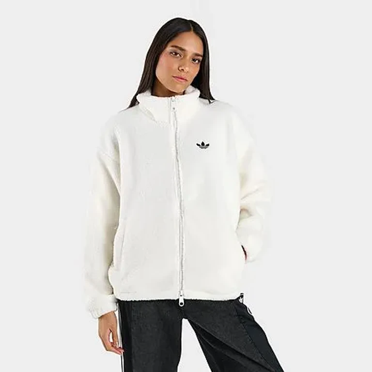 Giacca Teddy con zip integrale adidas Originals in bianco sporco