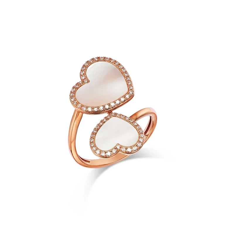 Mother of Pearl & Diamond Double Heart Bypass Ring in 14K Rose Gold