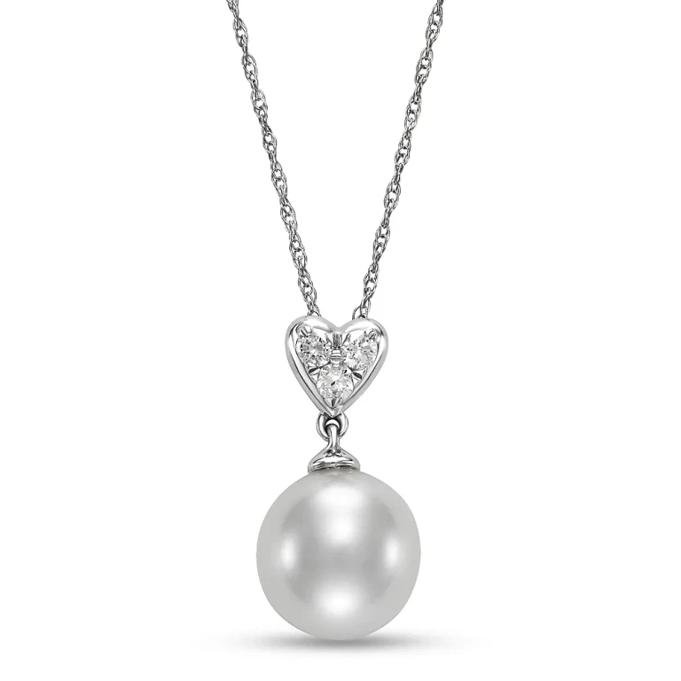 Freshwater Pearl & Diamond Heart Pendant Necklace in 14K White Gold, 16-18