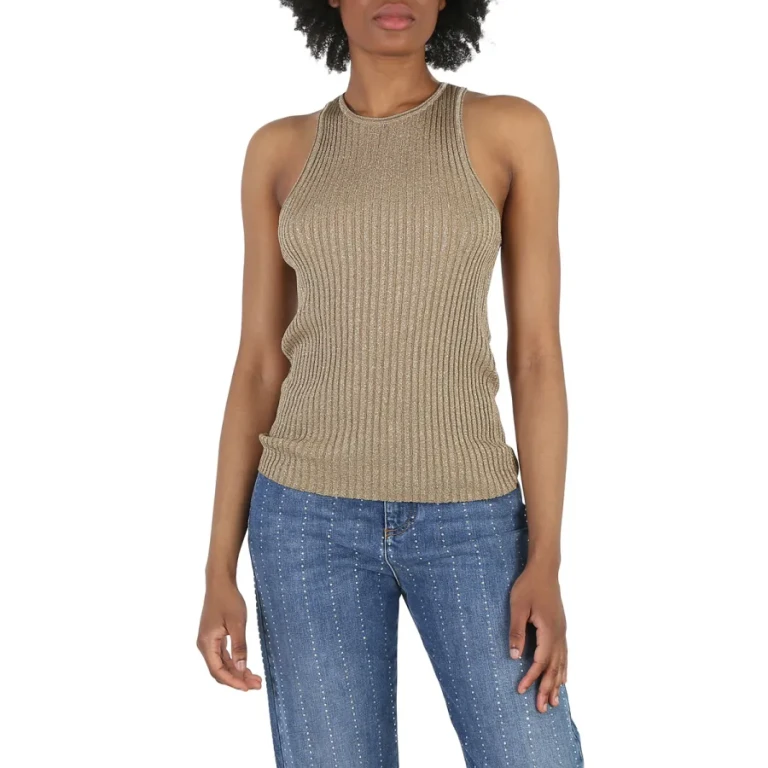 Stella Mccartney Ladies Gold Sparkle Ribbed-Knit Racer Tank Top